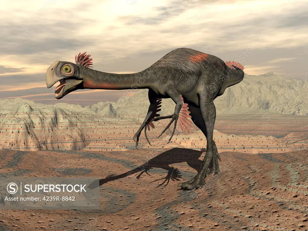 Gigantoraptor dinosaur walking on rocky terrain.