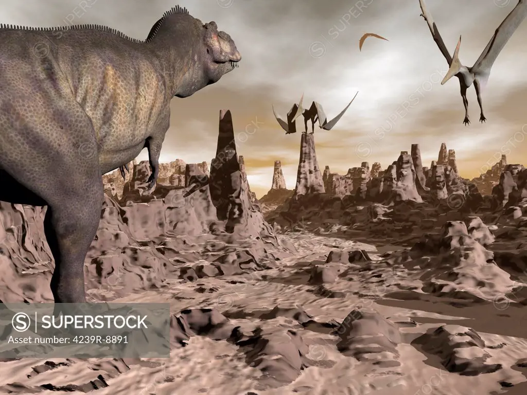 Tyrannosaurus Rex dinosaur and Pteranodons on a brown rocky desert landscape.