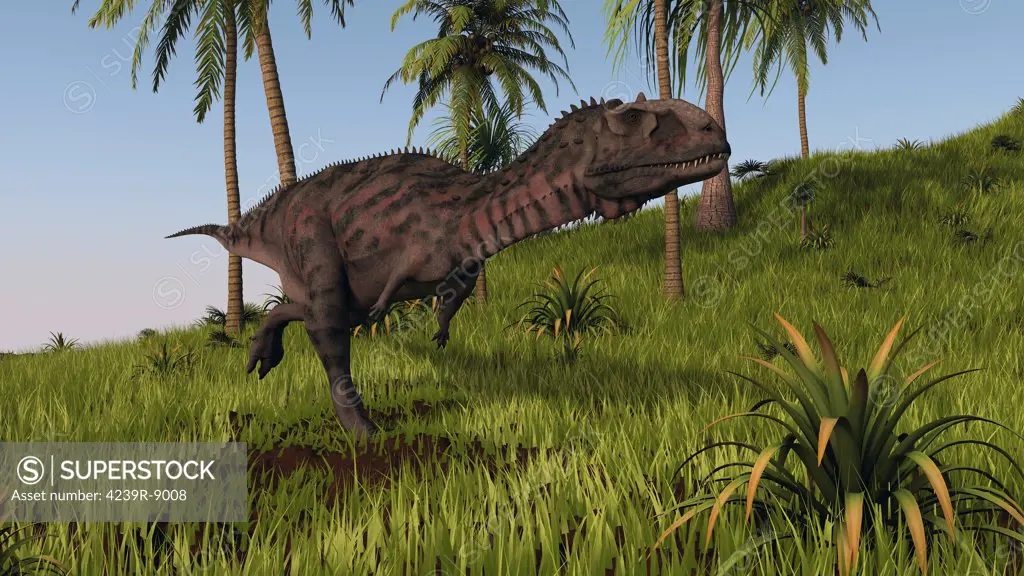 Majungasaurus running across a grassy field.