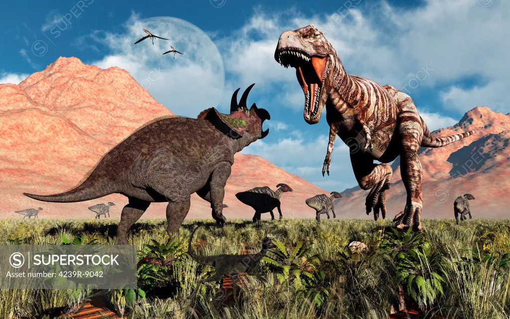 Prehistoric battle between a Triceratops and Tyrannosaurus Rex. A herd of duckbill dinosaurs flee in the background.
