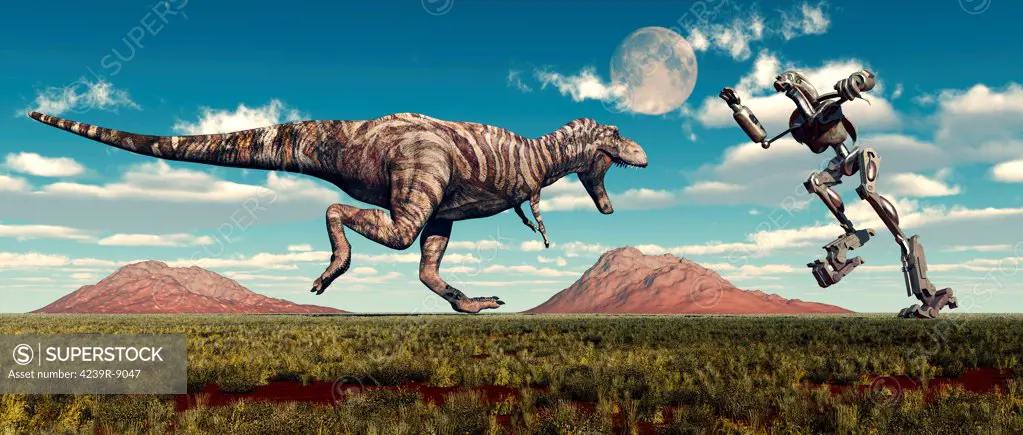 Science fiction scene of a Tyrannosaurus Rex battling a giant robot.