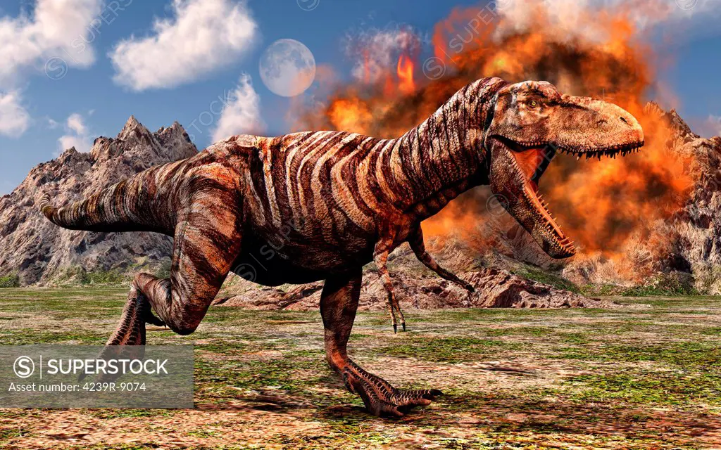 Tyrannosaurus Rex escaping a volcanic eruption.