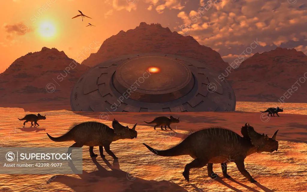 A herd of herbivorous ceratopsian dinosaurs from the Cretaceous Period, walk past a giant flying saucer lodged into the ground after a bad landing.