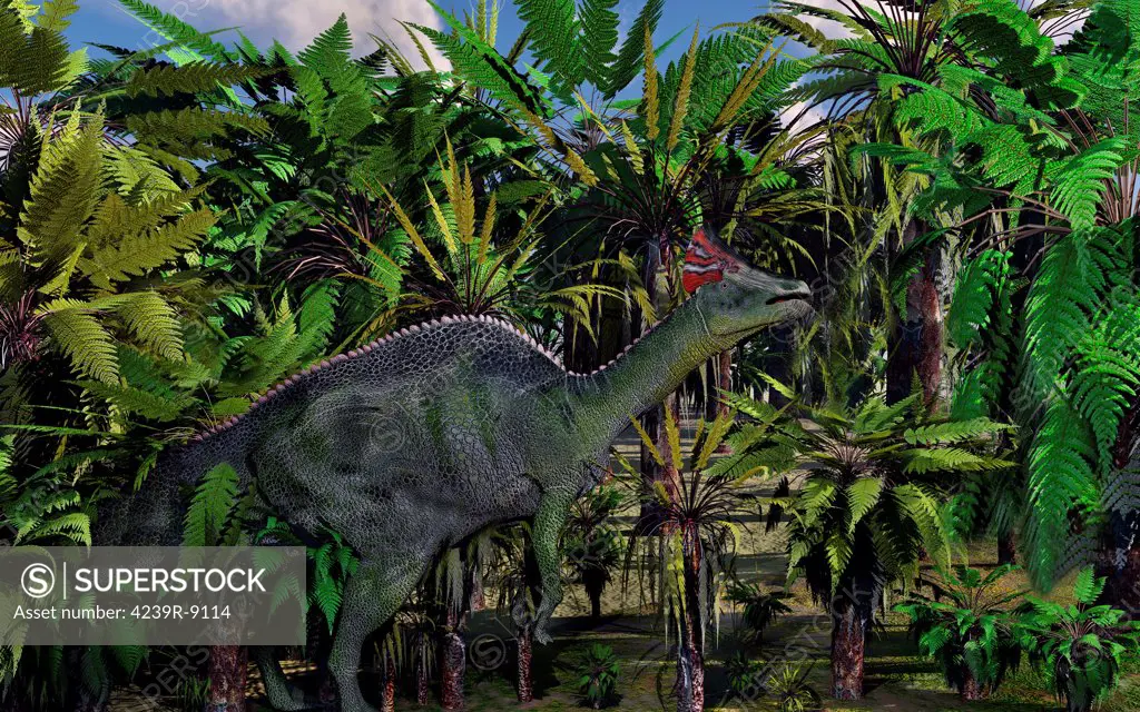 A lone Olorotitan duckbilled dinosaur from the Cretaceous period.