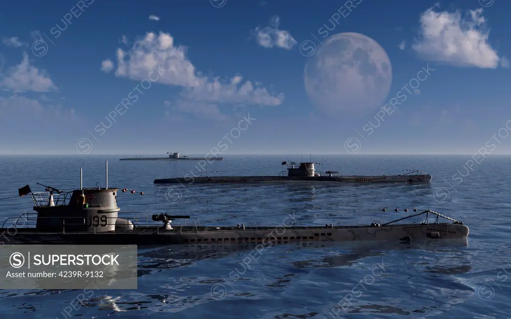 A wolfpack of German U-Boat submarines travelling across a calm Atlantic Ocean.
