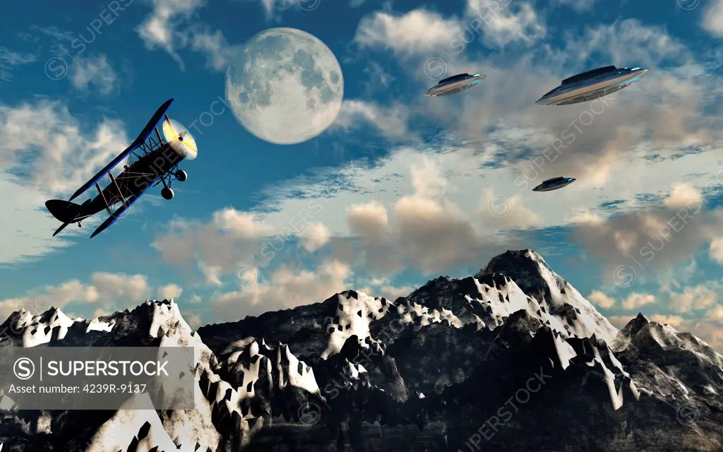 A 1930s DH 82 Tiger Moth biplane encounters a group of UFO's over a mountain range.
