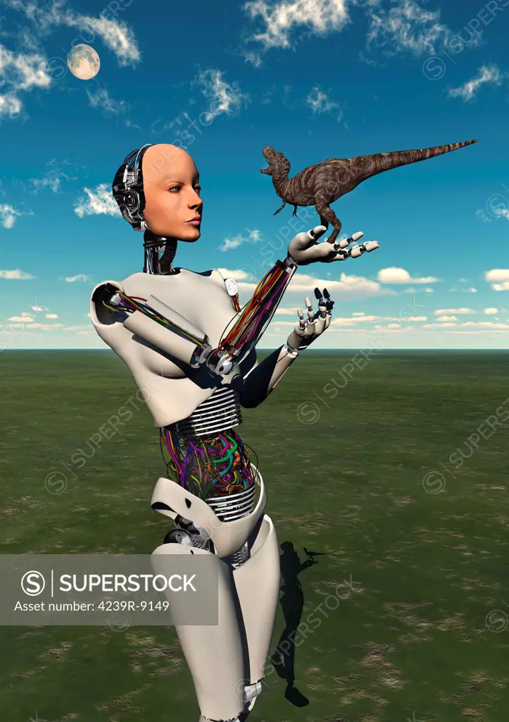 A futuristic android holding a prehistoric baby Tyrannosaurus Rex in its hands.
