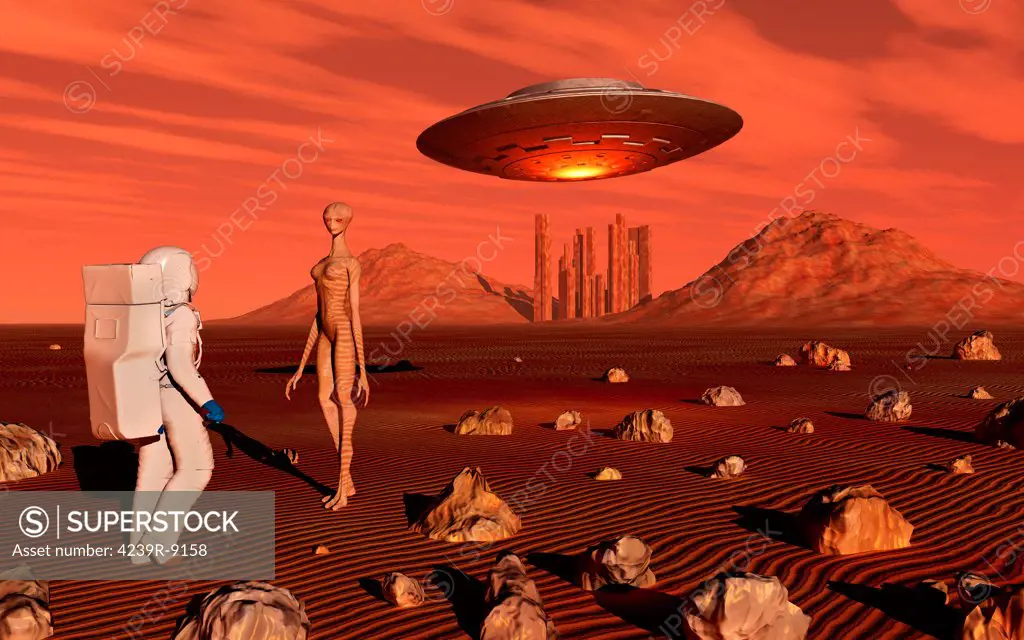 A human astronaut making contact with a reptoid alien on the surface of Mars.