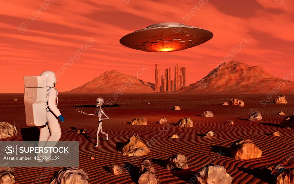 A human astronaut making contact with a grey alien on the surface of Mars.