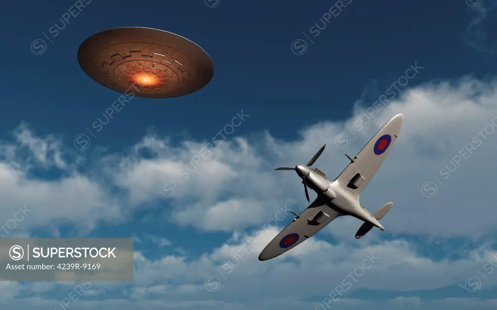 A Royal Air Force Supermarine Spitfire fighter aircraft giving chase to a UFO.