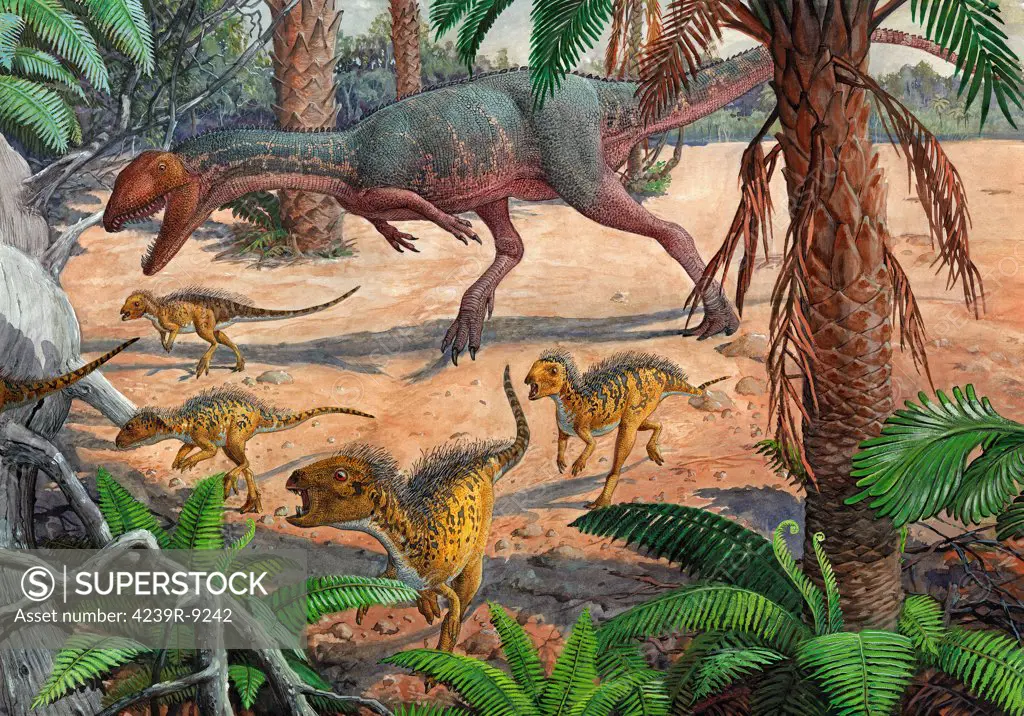 A large carnivorous Dracovenator chasing a group of Heterodontosaurus dinosaurs during the Early Jurassic period.