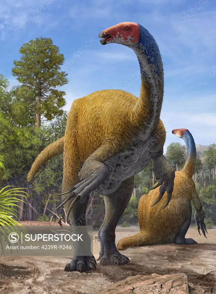 Erlikosaurus andrewsi dinosaurs in a prehistoric environment from the Late Cretaceous Period.