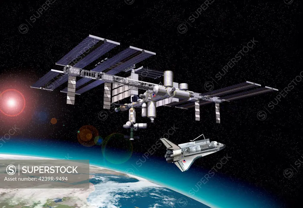 Space station in orbit around Earth with space shuttle. Some starlight effects and a portion of the Earth are visible at the bottom.