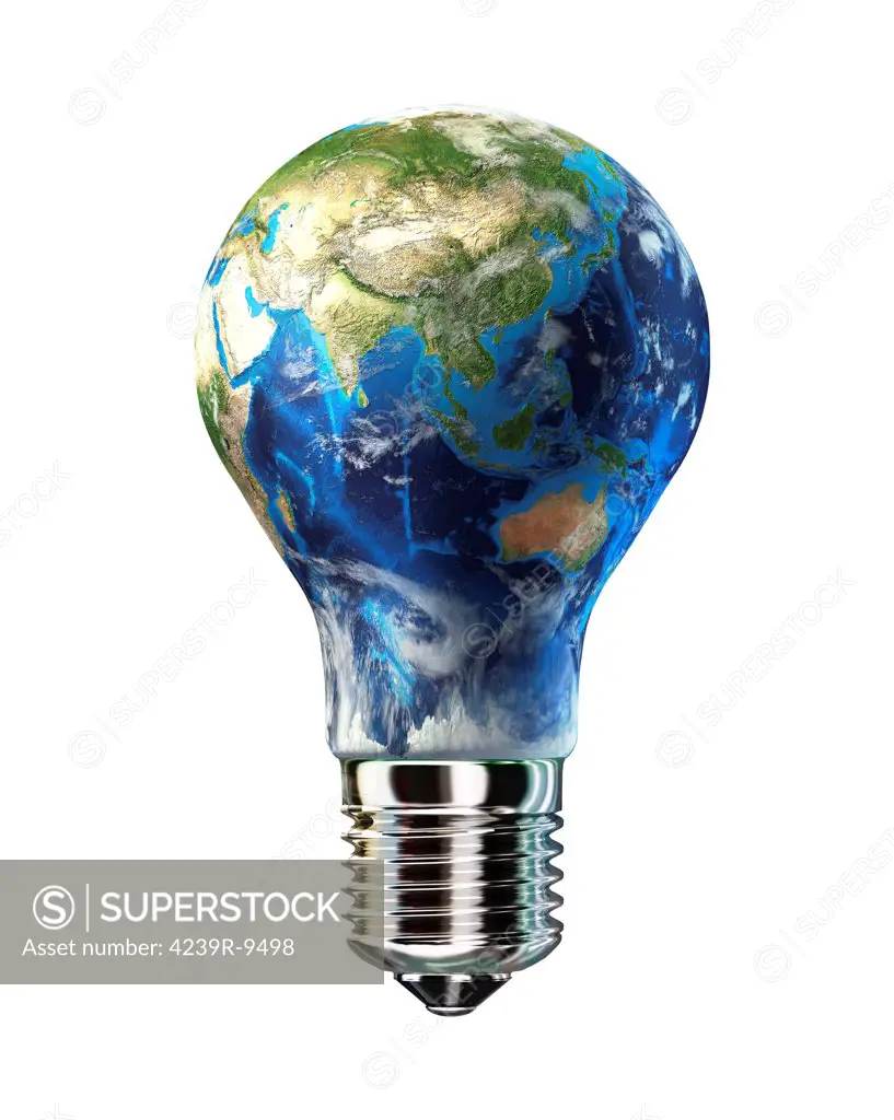 Light bulb with planet Earth inside glass, Asia view, isolated on white background.