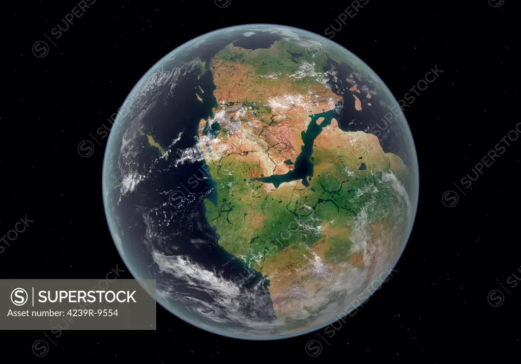 This is how the western hemisphere of the Earth may have appeared 200 million years ago during the Early Jurassic period. North is at the top.  During this period continental drift, driven by the massive forces of plate tectonics, had just begun to break the supercontinent of Pangea into Laurasia in the north and Gondwana in the south.