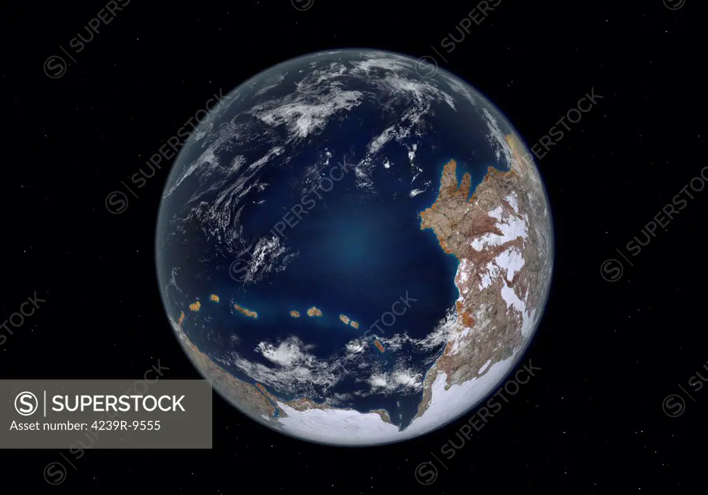 This is how the Earth may have appeared 600 million years ago following the Cryogenian Snowball Earth period. The worldwide glaciers have melted and the ocean is largely liquid again. During this, the Ediacaran period, it is hypothesized that all of the Earth's landmasses had merged into a single supercontinent known as Pannotia, also known as the Vendian supercontinent.