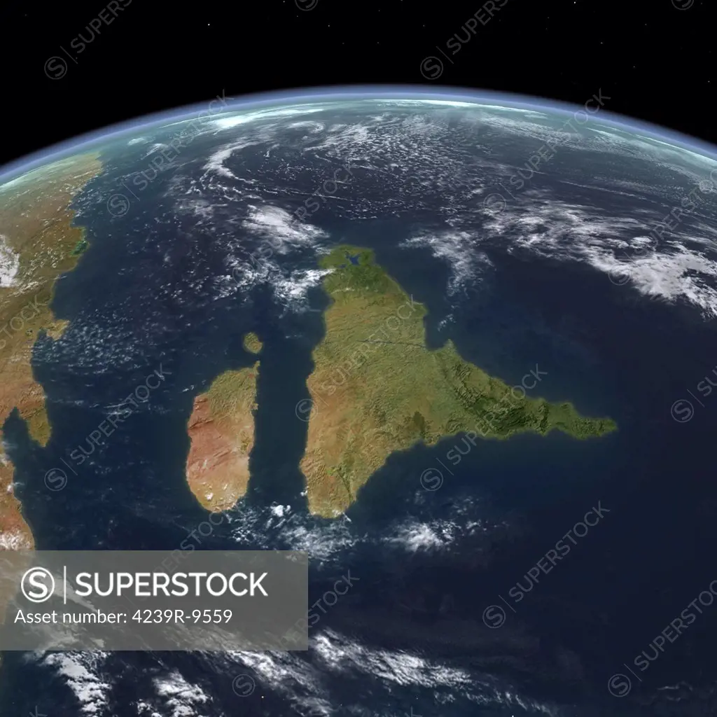 This is how the Indian subcontinent may have appeared 70 million years ago during the Late Cretaceous period. Looking north, immediately to India's west is the island continent of Madagascar and further west is the eastern coast of southern Africa.  In the distant past India and Madagascar formed a single continent, however India was part of a separate tectonic plate that subsequently began to drift northward.