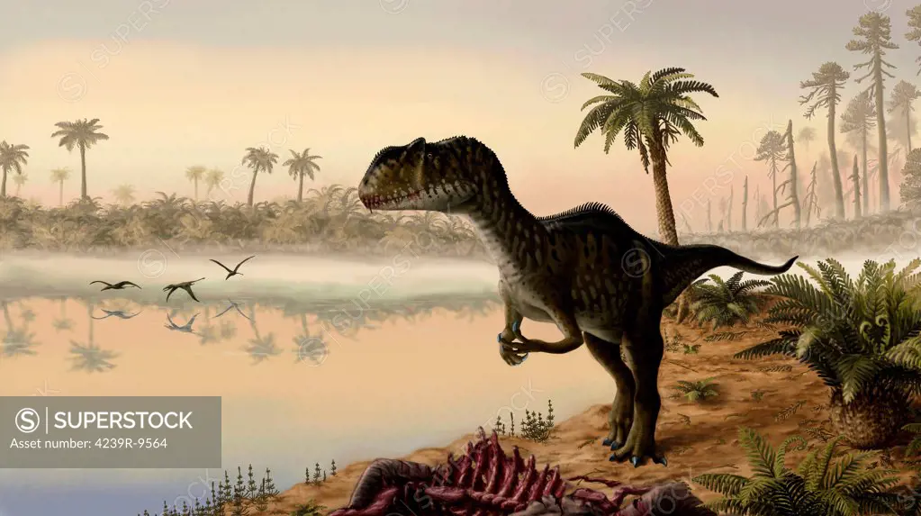 Yangchuanosaurus shangyouensis eats the carrion of a dead animal as Angustinaripterus longicephalus scavenge in the background.