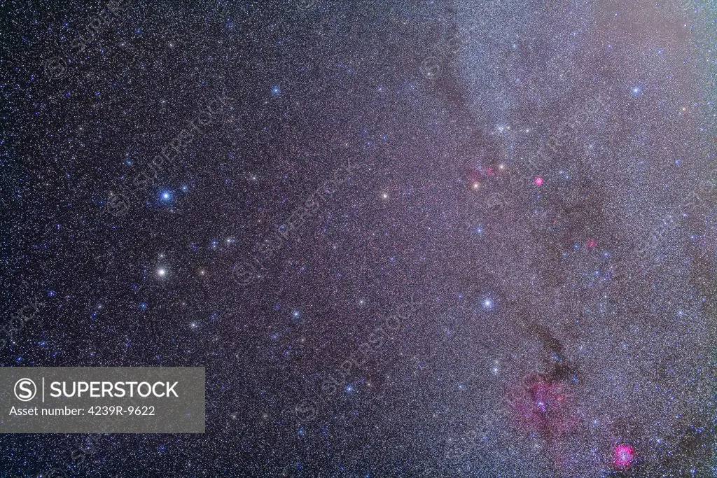 Widefield view of the Gemini constellation with many deep sky objects visible.