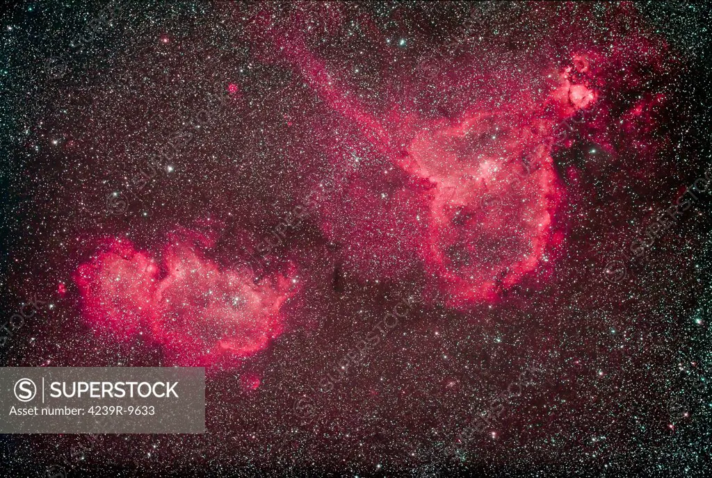 The Heart Nebula (IC 1805), and the Soul Nebula (IC 1848), with NGC 896 at upper right, in the constellation Cassiopeia.