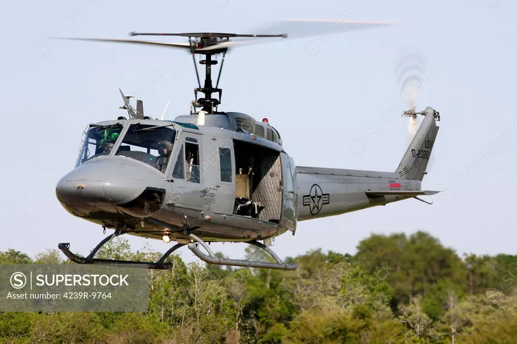 A U.S. Air Force TH-1H Huey II of the 23rd Fighter Training Squadron during a training sortie near Fort Rucker, Alabama. The TH-1H is an extensively upgraded UH-1H and has been equipped with a glass cockpit.