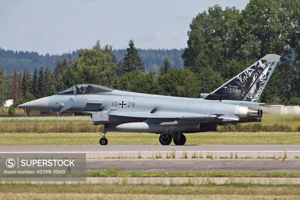 Eurofighter Typhoon of the German Air Force 74th Fighter Wing, taxiing down the runway, Neuburg, Germany.