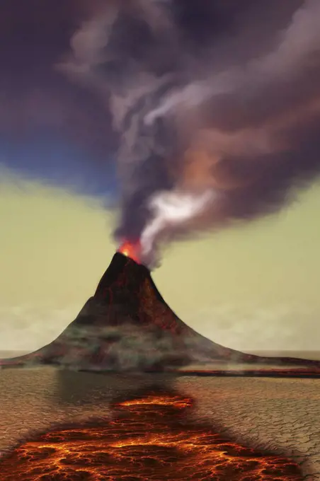 A newly formed volcano smokes with hot steam as hot lava flows around it.