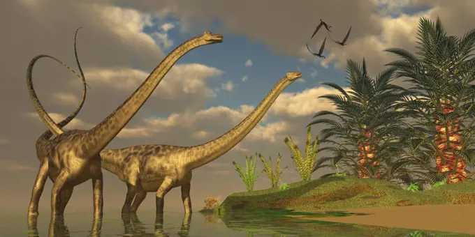 Three Dorygnathus dinosaurs fly over Diplodocus dinosaurs in a mating ritual.