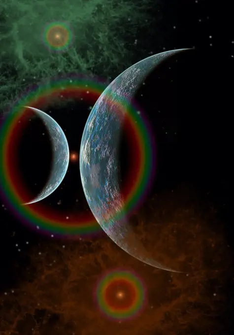 Two alien planets that belong to the same solar system in a distant part of the Milky Way galaxy.