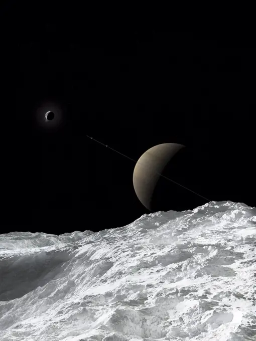 Saturn and Enceladus as seen from the moon Tethys. Enceladus is ejecting water from its' south pole, hence the glow around it.
