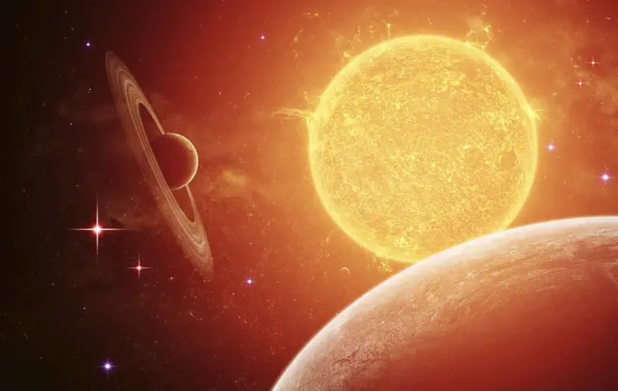 A planet and its moon resisting the relentless heat of the giant orange sun Pollux. Every sun has a violent cycle in which solar activity increases and the planets around it must face its wrath.