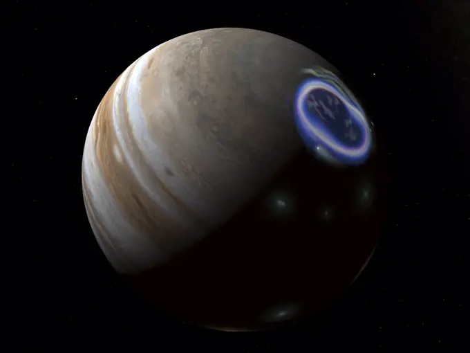 This is how auroras on Jupiter's north pole might look from a distance of about a quarter million miles.