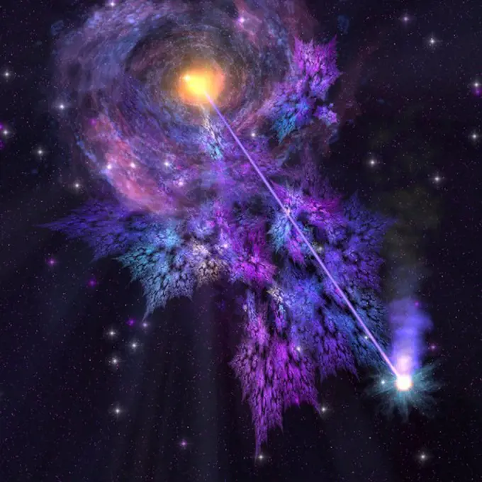 A shooting star radiates out from a black hole in the center of a galaxy.