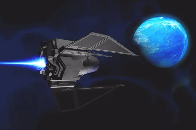 A small spacecraft from Earth reaches a water planet after many light years.