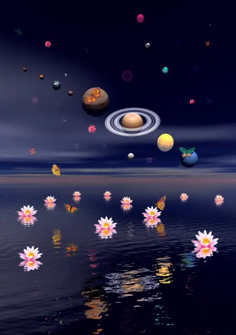 Planets of the solar system surrounded by several nebulae, planets and flying butterflies upon the ocean covered with lotus flowers.