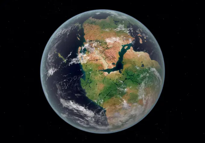 This is how the western hemisphere of the Earth may have appeared 200 million years ago during the Early Jurassic period. North is at the top.  During this period continental drift, driven by the massive forces of plate tectonics, had just begun to break the supercontinent of Pangea into Laurasia in the north and Gondwana in the south.