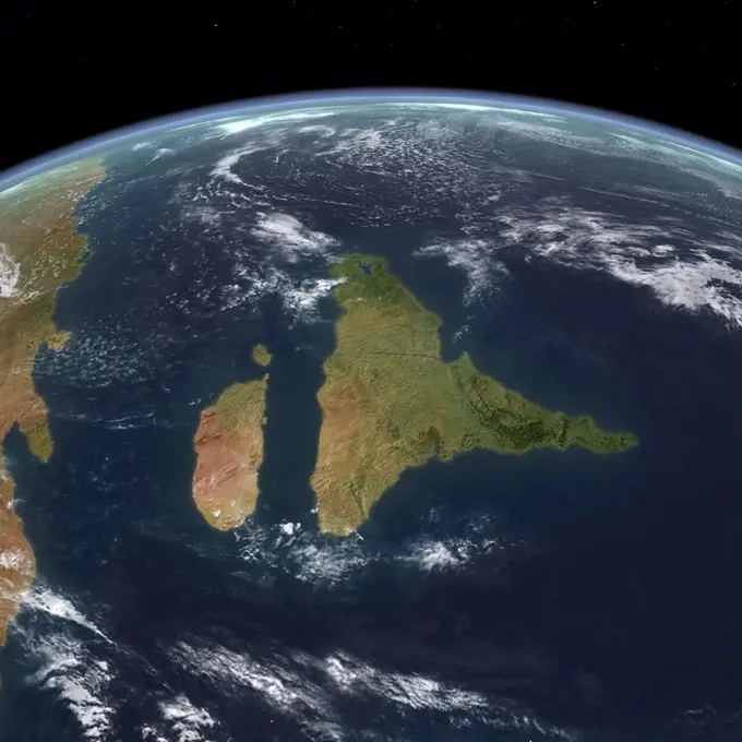 This is how the Indian subcontinent may have appeared 70 million years ago during the Late Cretaceous period. Looking north, immediately to India's west is the island continent of Madagascar and further west is the eastern coast of southern Africa.  In the distant past India and Madagascar formed a single continent, however India was part of a separate tectonic plate that subsequently began to drift northward.