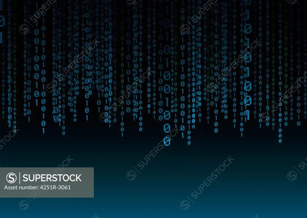 Binary background in black and blue with numbers falling from the sky