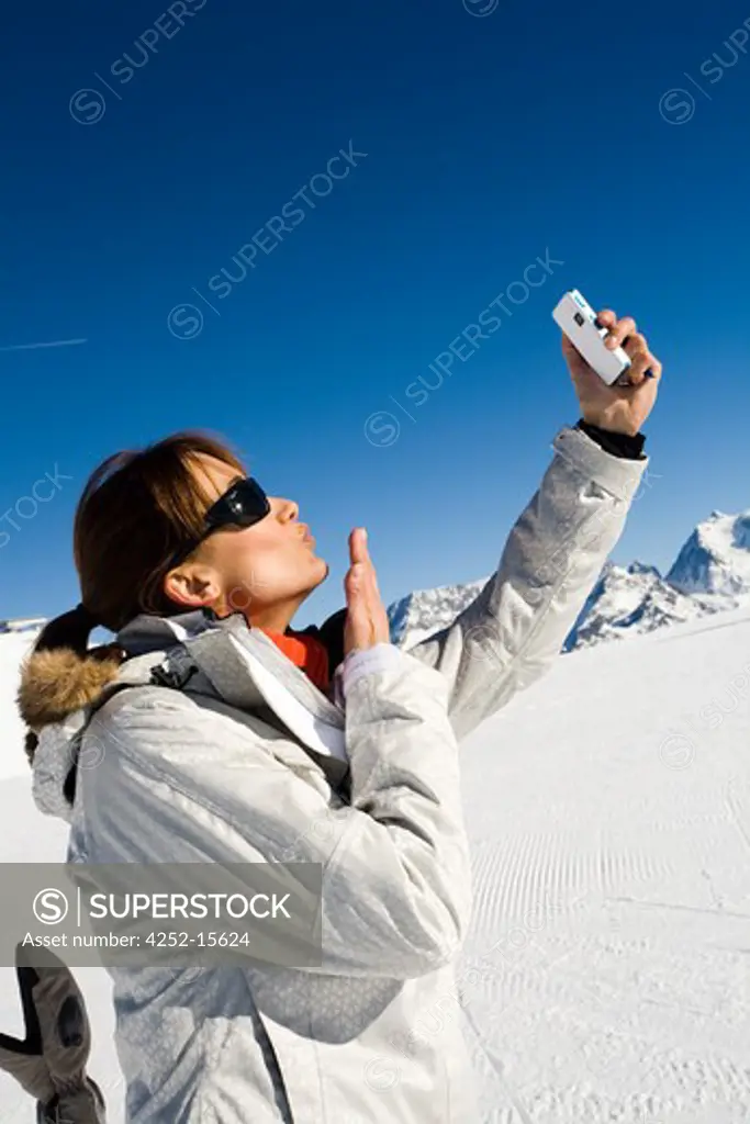 Woman videophony snow