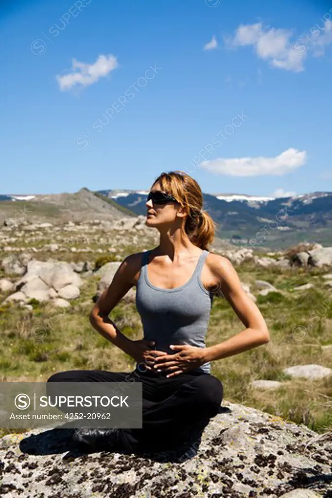 Woman mountain breathing