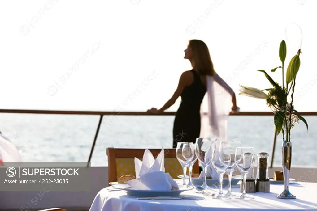 Woman terrace table