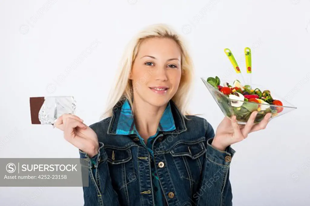 Woman choice chocolate salad