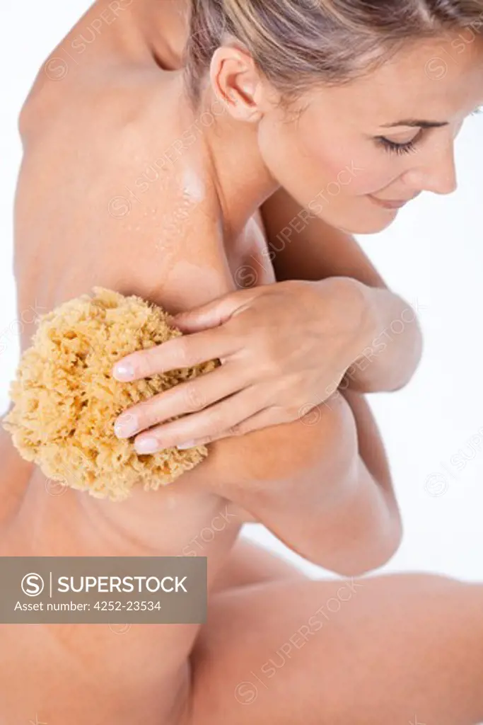 Woman sponge shower