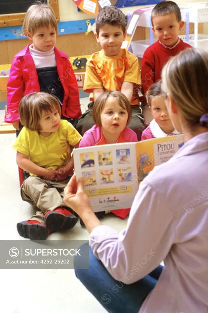 children inside girl group school teacher boy singing class book reading