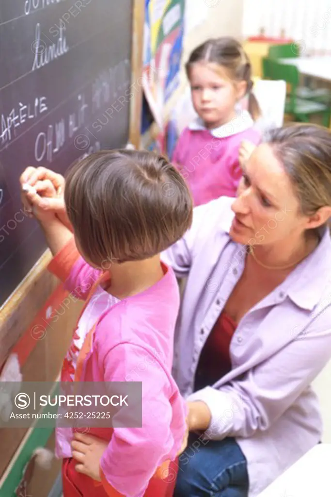 children inside girl school teacher writing blackboard class