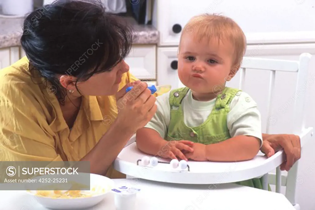 family inside woman baby food sulking mother kitchen