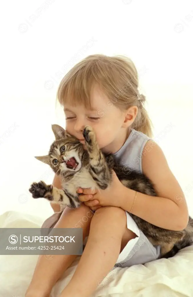 Child and kitten