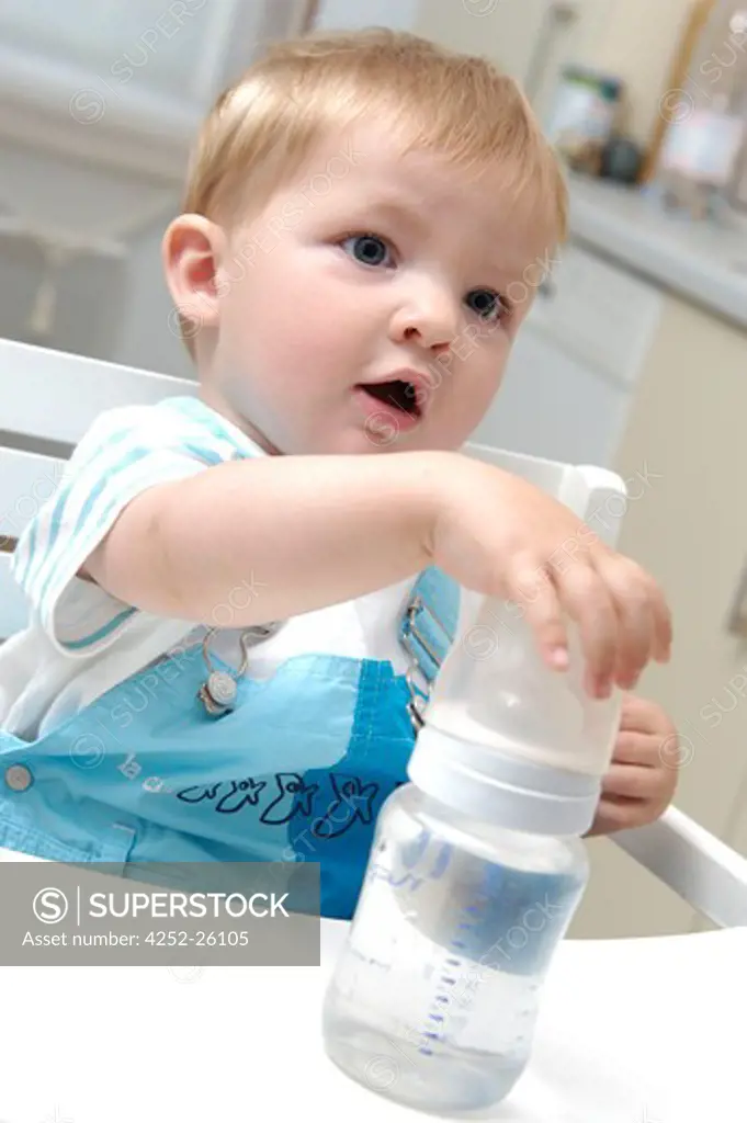 Baby boy with feeding bottle of water