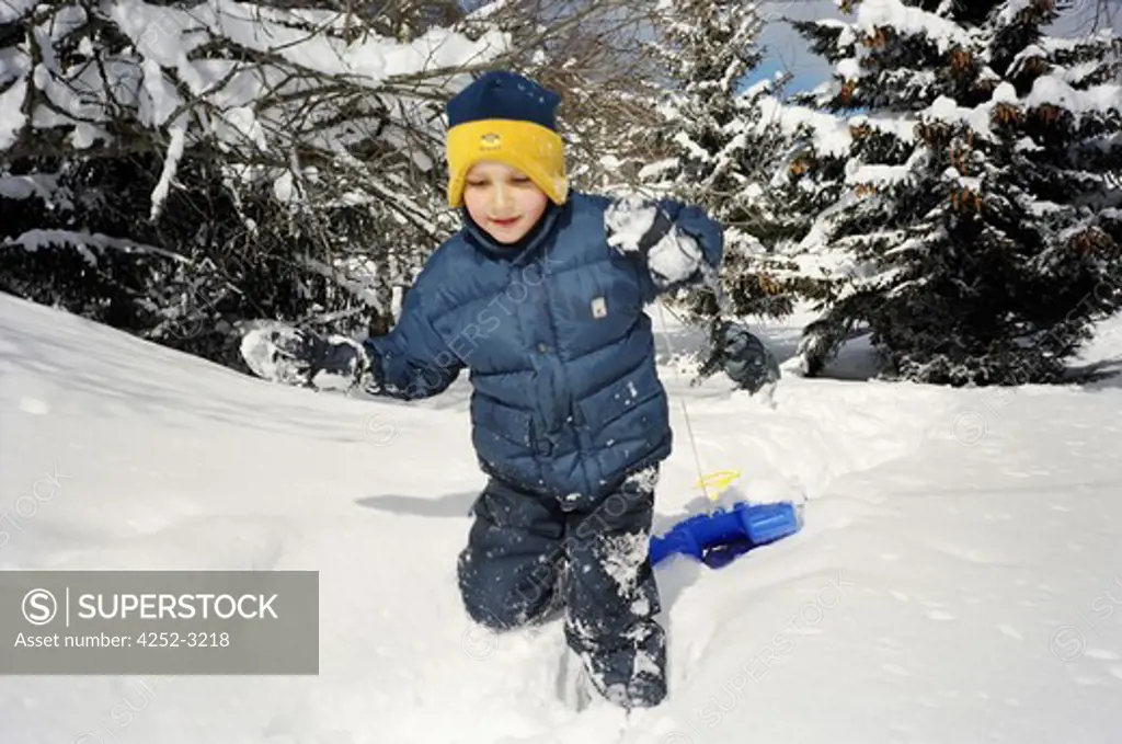 Little boy with a sledge