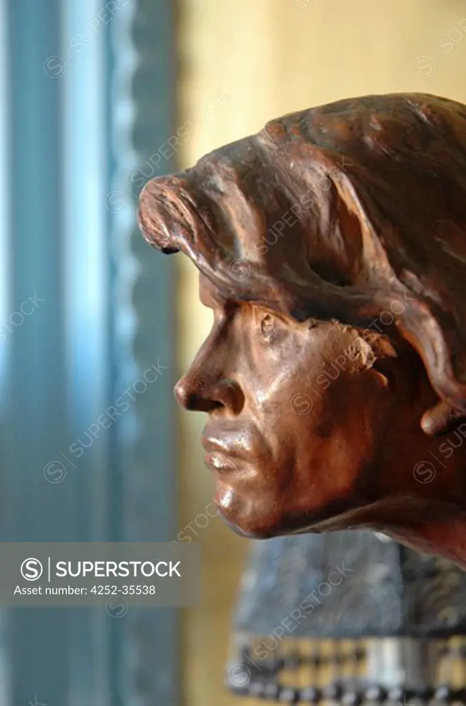 Profile of a statue located on the fireplace's mantel into a bedroom